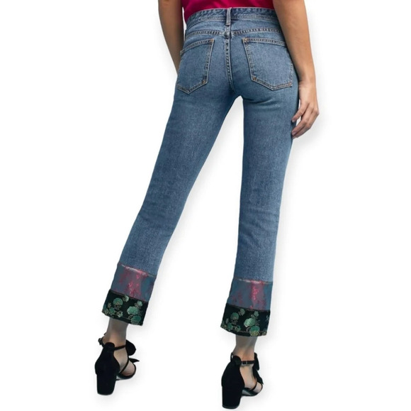 Anthropologie Pilcro Slim Boyfriend Jeans with Patchwork Satin Hems Boho 25 - Picture 2 of 16
